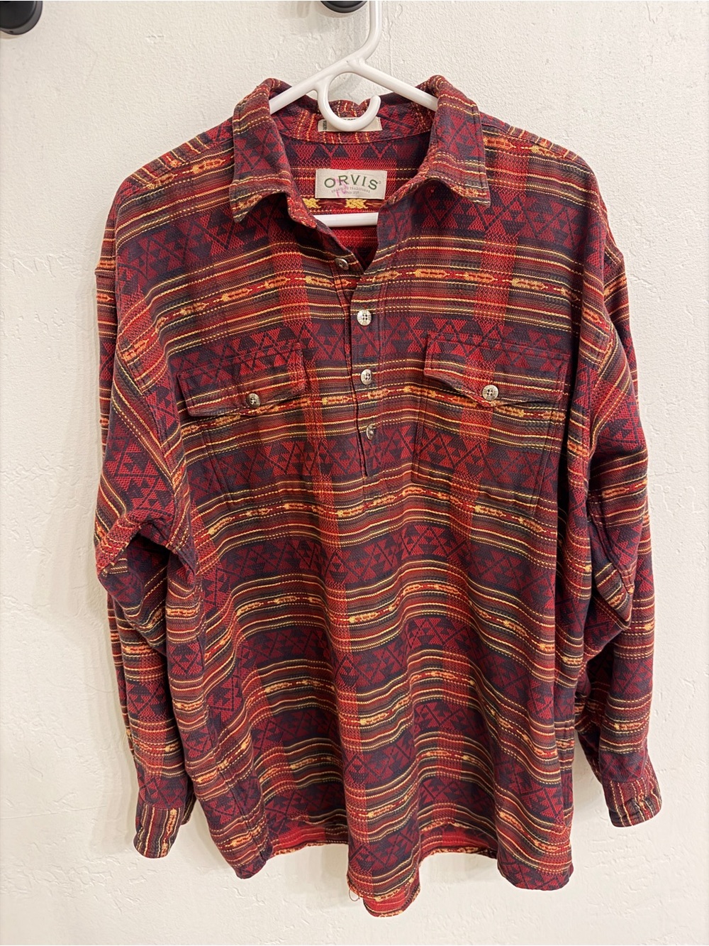 Vintage 90’s Orvis Men’s Red Aztec Patterned Long-Sleeve pullover 100% Cotton XL